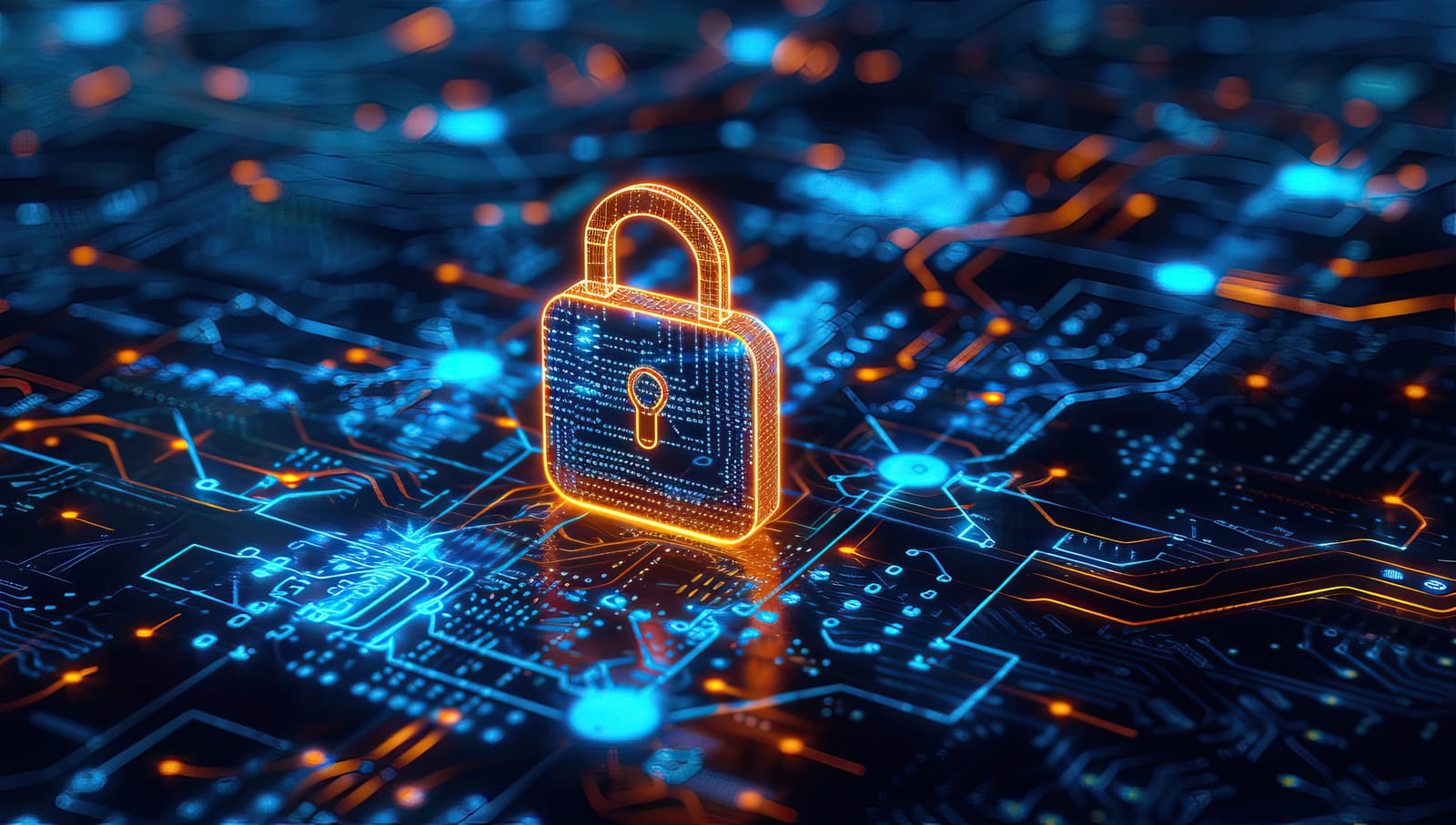 Image of a lock sitting atop a circuitboard